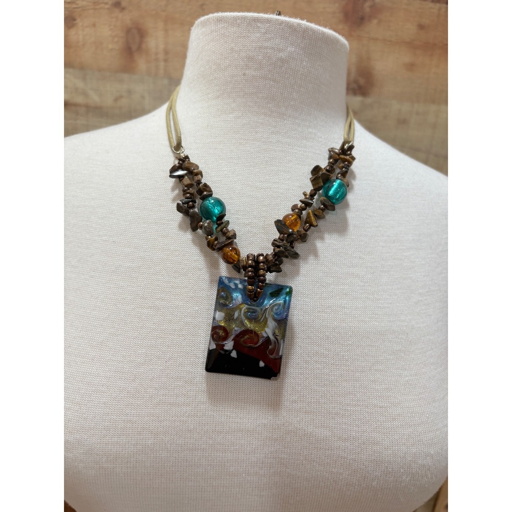 Bohemian Glass Pendant Necklace Stone Beads Colorful Abstract Art Jewelry 15in